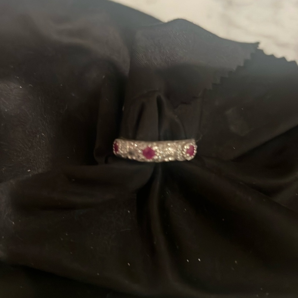 Judith Ripka Red Ruby Silver Textured Band Stackable with CZ Size 6
